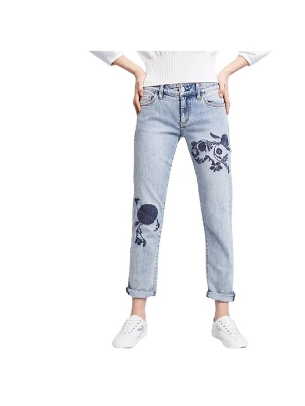 Pilcro and The Letterpress Size 24 Blue Hyphen Floral Embroidered Mid-Rise Jeans - Picture 2 of 12
